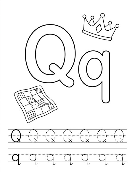 Letter Q coloring page with queen, tracing letters, and handwriting lines PDF preview