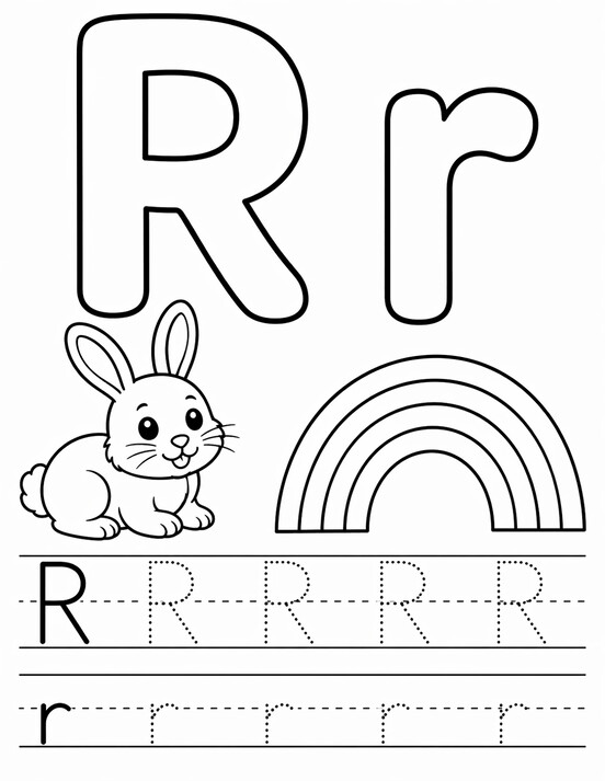 Letter R coloring page with rabbit, tracing letters, and handwriting lines PDF preview