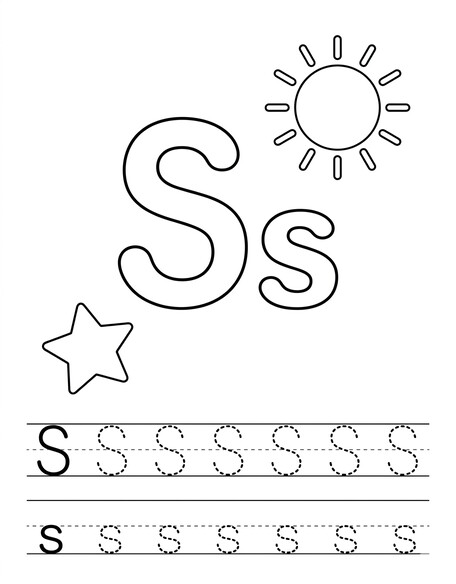 Letter S coloring page with snake, tracing letters, and handwriting lines PDF preview