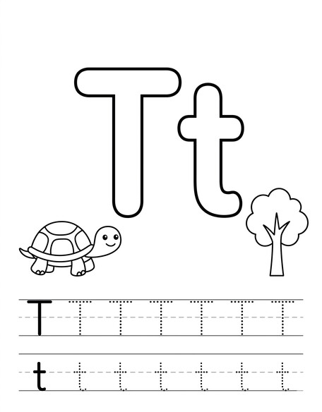 Letter T coloring page with turtle, tracing letters, and handwriting lines PDF preview