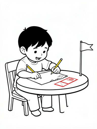 Letter to Santa coloring page showing a child writing at a table beside a mailbox and envelope