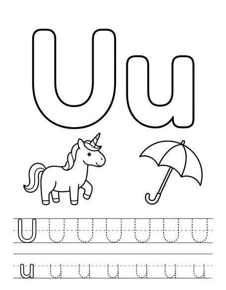 Letter U coloring page with unicorn, tracing letters, and handwriting lines PDF preview