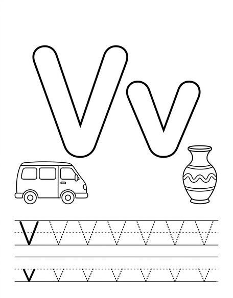 Letter V coloring page with violin, tracing letters, and handwriting lines PDF preview