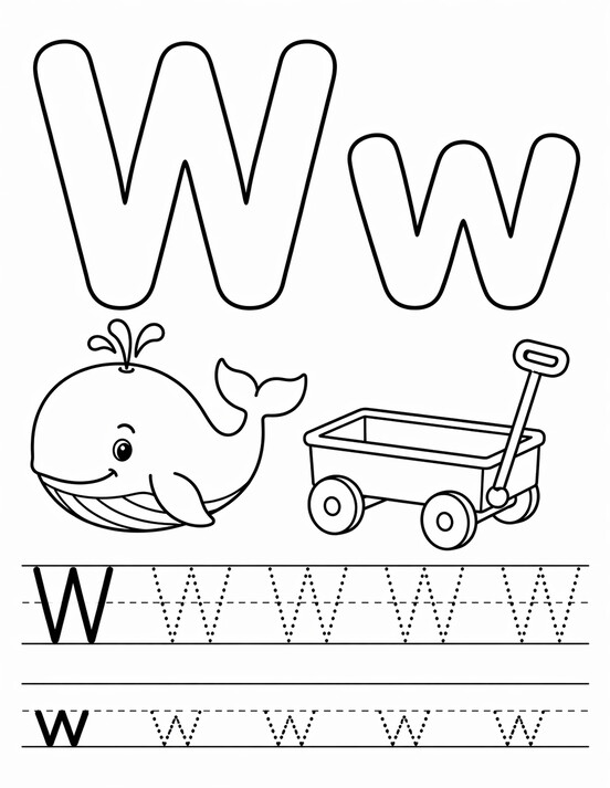 Letter W coloring page with whale, tracing letters, and handwriting lines PDF preview