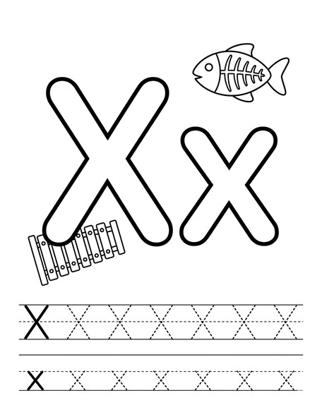 Letter X coloring page with xylophone, tracing letters, and handwriting lines PDF preview