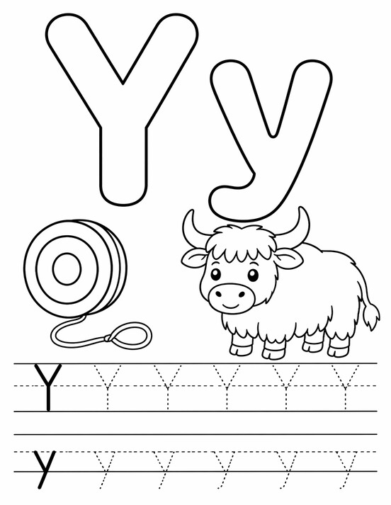 Letter Y coloring page with yak, tracing letters, and handwriting lines PDF preview