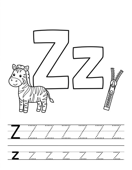 Letter Z coloring page with zebra, tracing letters, and handwriting lines PDF preview