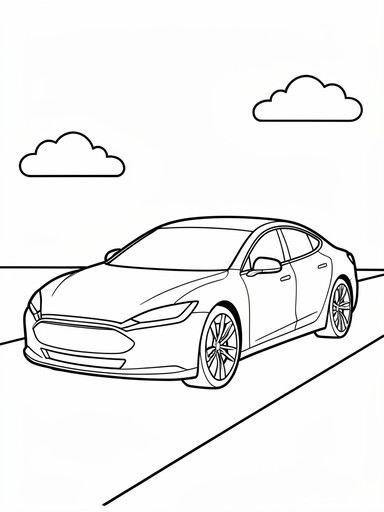 Lucid Air coloring page showing a low aerodynamic sedan with a thin front light strip under two clouds