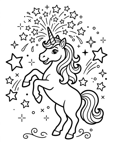 Magical unicorn coloring page with unicorn rearing on hind legs and stars and sparkles bursting from its horn PDF preview