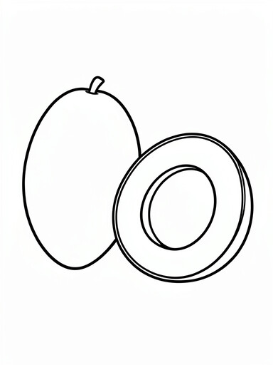 Mango coloring page showing a whole mango and a halved mango with its pit PDF preview
