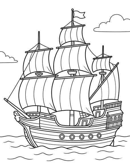 Mayflower ship coloring page with three masts, full sails, portholes, and gentle waves PDF preview