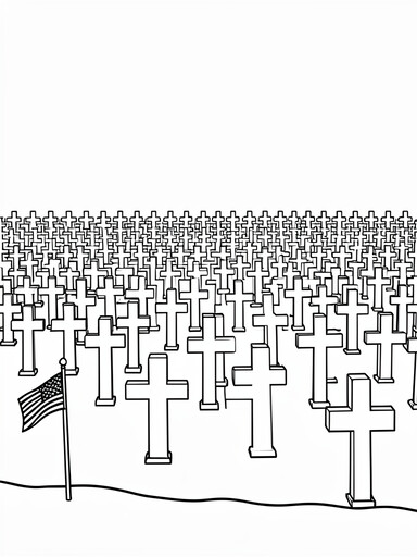 Rows of white crosses in a military cemetery with American flag coloring page