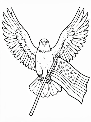 Bald eagle with wings spread clutching an American flag on a pole coloring page