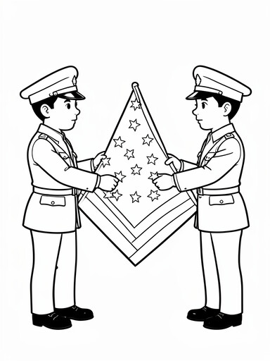 Two soldiers carefully folding the American flag at a ceremony coloring page