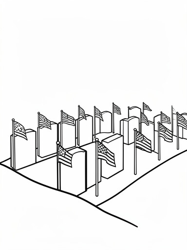 Rows of grave markers on a gently sloping lawn with small American flags coloring page