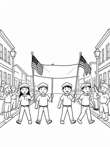 Parade marchers in uniform carrying American flags and a banner down a street coloring page