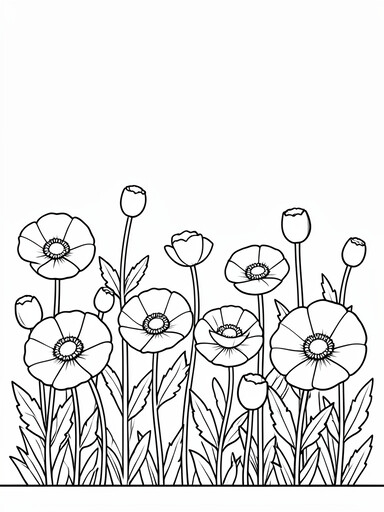 A field of poppy flowers with round petals and tall stems in full bloom coloring page