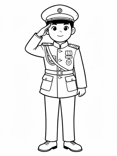 Soldier in dress uniform giving a crisp full hand salute coloring page