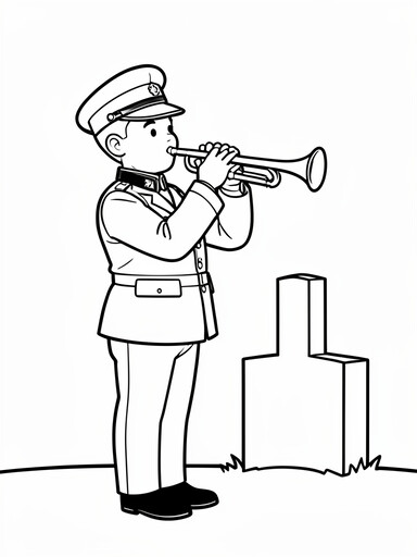 Soldier in dress uniform playing trumpet at a graveside cross marker coloring page