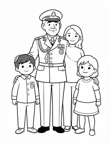 Veteran in dress uniform with medals standing with three family members coloring page