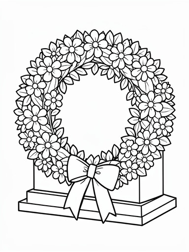Large floral wreath with a ribbon bow resting against a memorial stone coloring page