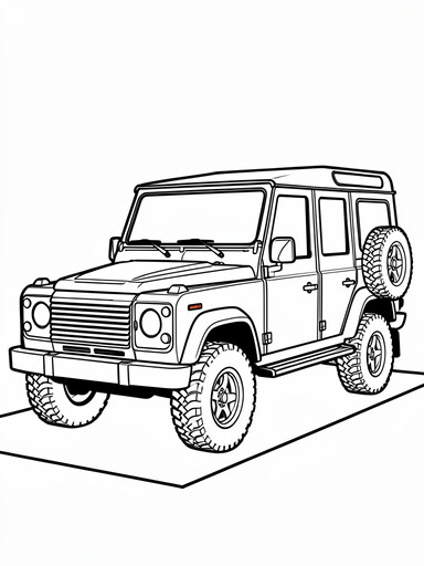 Mercedes G-Wagon coloring page showing a boxy off-road SUV with exposed door hinges and a rear spare tire