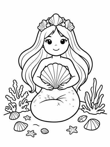 Mermaid wearing a seashell crown and holding a large fan seashell with starfish nearby coloring page