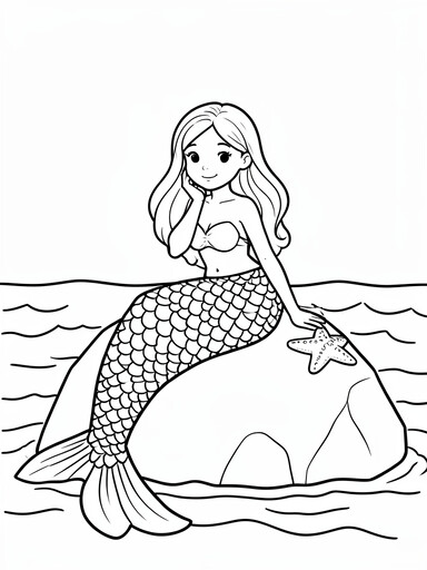 Mermaid sitting on a rock with scaled fish tail, starfish beside her coloring page