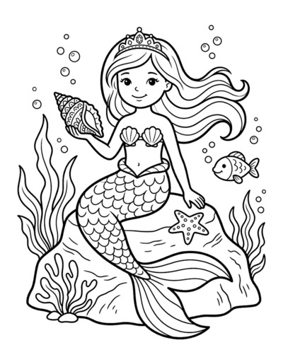 Mermaid princess with fish tail, curved scale rows, wide fan fin, seashell in hand, seaweed fronds, starfish, and bubbles PDF preview