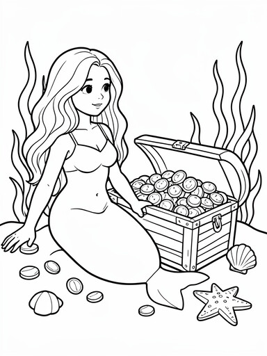Mermaid sitting next to an open treasure chest overflowing with coins and gems coloring page