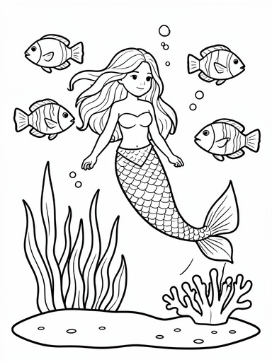Mermaid swimming surrounded by five tropical fish with seaweed and coral reef coloring page