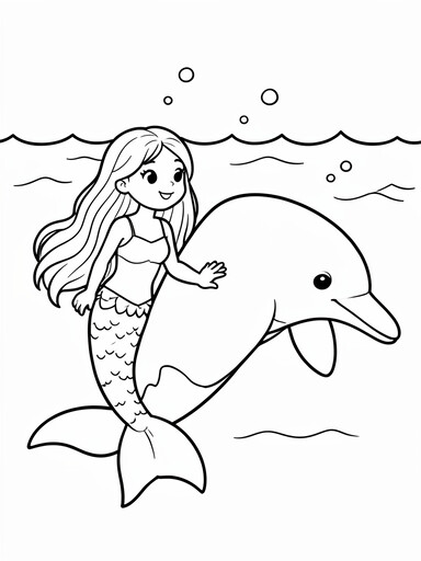 Mermaid swimming beside a bottlenose dolphin with ocean waves and bubbles coloring page
