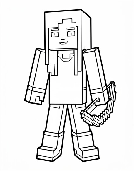 Minecraft Alex coloring page showing the blocky player character holding a bow in a ready pose PDF preview