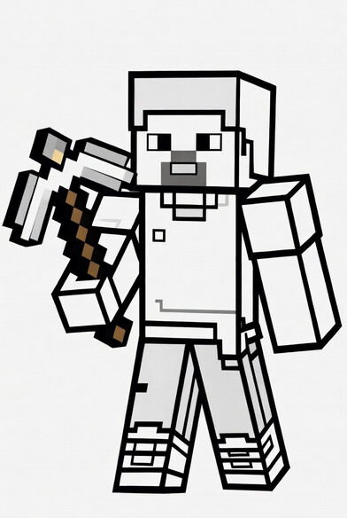 Minecraft Steve coloring page showing the blocky default player character holding a diamond pickaxe PDF preview