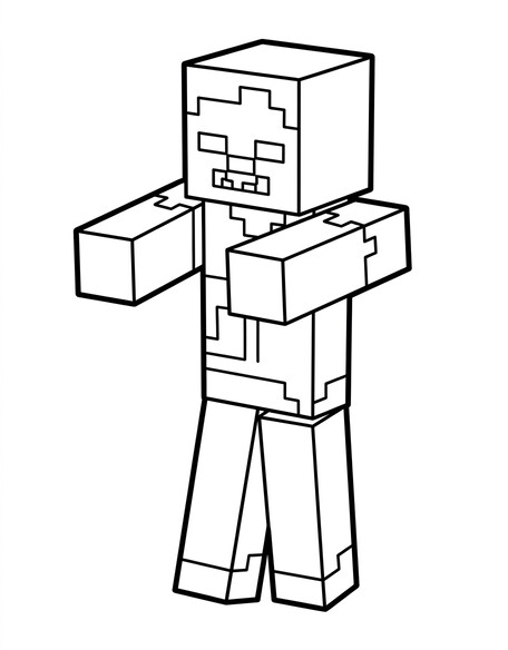 Minecraft Zombie coloring page showing the blocky undead character with arms outstretched in classic zombie pose PDF preview