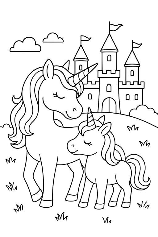 Mom Baby Unicorns Castle coloring page showing a mother unicorn and foal in front of a castle PDF preview