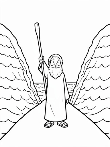 Bearded man in robe raising staff as two towering walls of water part on each side coloring page
