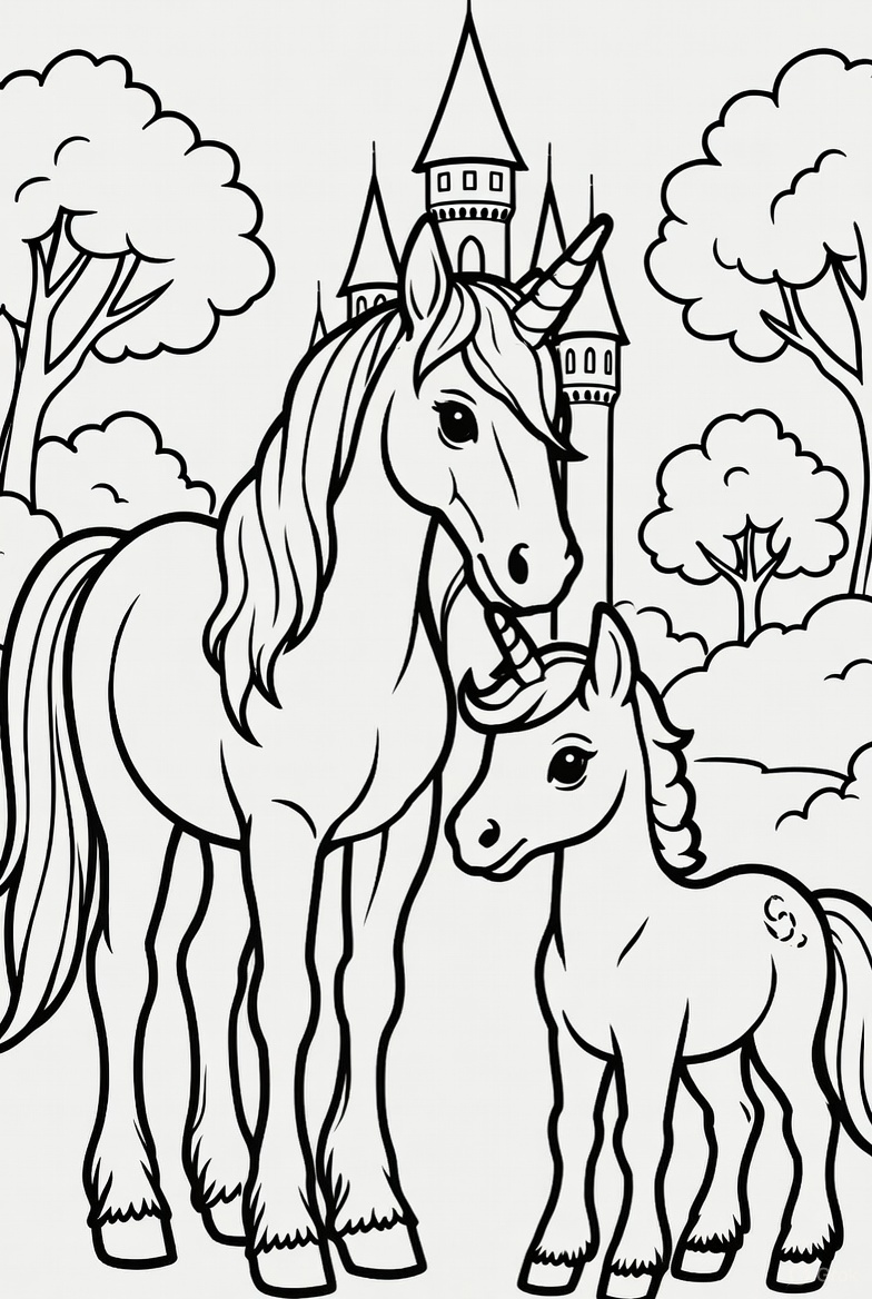 Mother Baby Unicorns Castle coloring page showing a mother unicorn and foal in front of a castle PDF preview