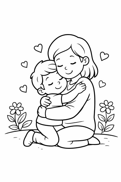 Mother's Day Mom and Child Hug coloring page