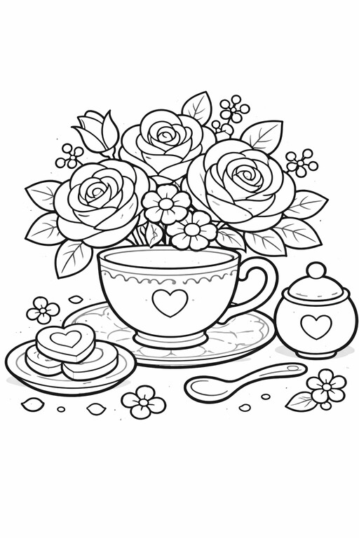 Mother’s Day teacup with roses, teapot, cookies, hearts, and flowers PDF preview