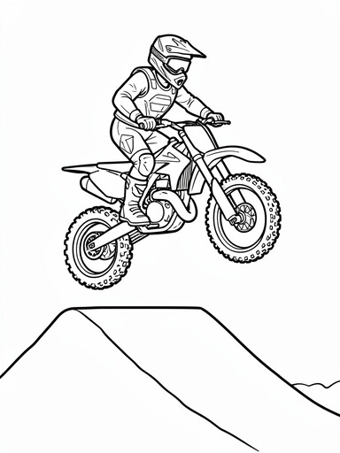 Motocross jump rider coloring page showing a dirt bike catching air above a jump ramp