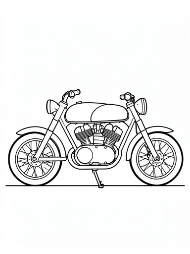 Motorcycle coloring page showing a rounded fuel tank, curved seat, spoked wheels, and a side exhaust pipe