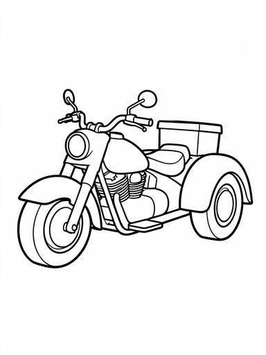 Motorcycle trike coloring page showing a three-wheeled cruiser with two rear wheels and a trunk box