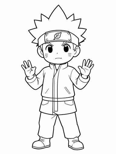 Chibi Naruto Uzumaki with leaf headband and ninja outfit coloring page PDF preview