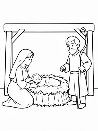 Nativity manger with baby Jesus, Mary kneeling, and Joseph standing with staff coloring page