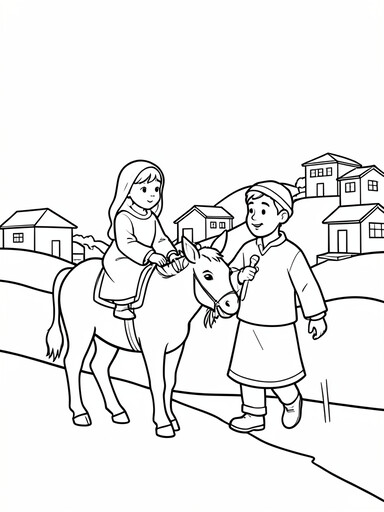 Mary on a donkey with Joseph walking beside, Bethlehem in the background coloring page