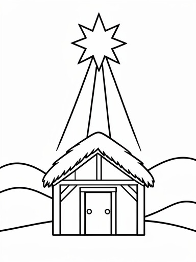 Bright eight-pointed star above a small stable with thatched roof and gentle hills behind coloring page