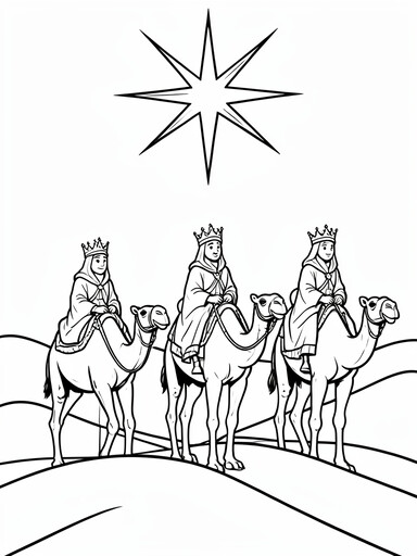 Three wise men on camels following a bright star coloring page