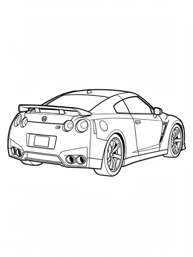 Nissan GT-R coloring page showing a rear view of a sports car with four round taillights and a wing spoiler