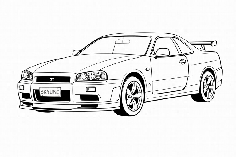 Iconic Nissan Skyline sports car coloring page PDF preview